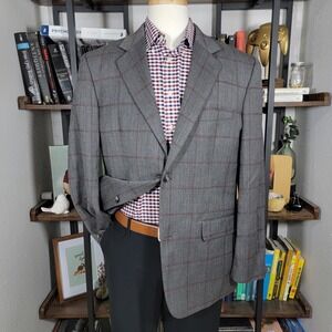 Tasso‎ Elba Men's Sport Coat Gray Herringbone Plaid Poly Wool Size Large 42-44